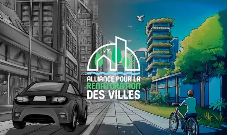 Illustration représentant la transition entre une ville grise et une ville végétalisée avec le logo de l’Alliance pour la renaturation des villes.