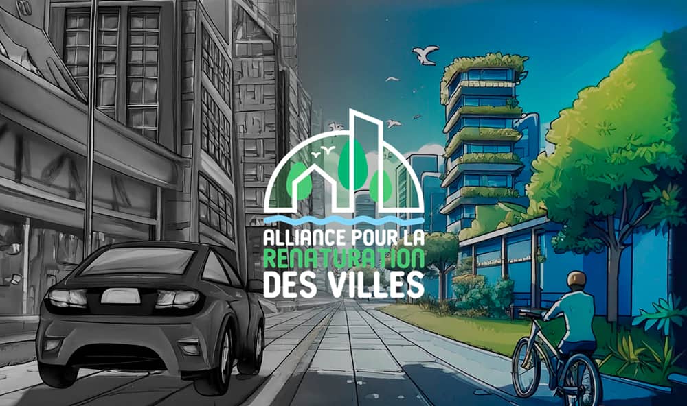 Illustration représentant la transition entre une ville grise et une ville végétalisée avec le logo de l’Alliance pour la renaturation des villes.